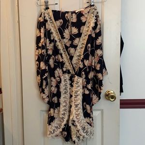 Flower Printed Crochet Trimmed Romper